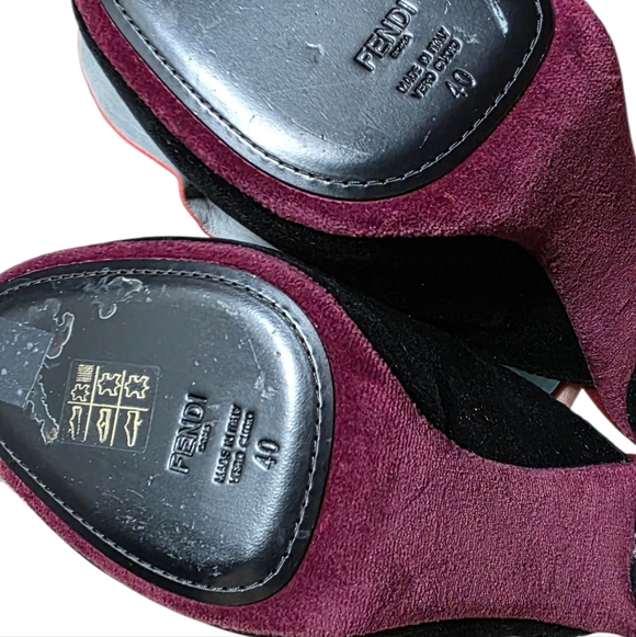 Fendi Black and Burgundy Suede Ruffle Mules - Picture 12 of 15